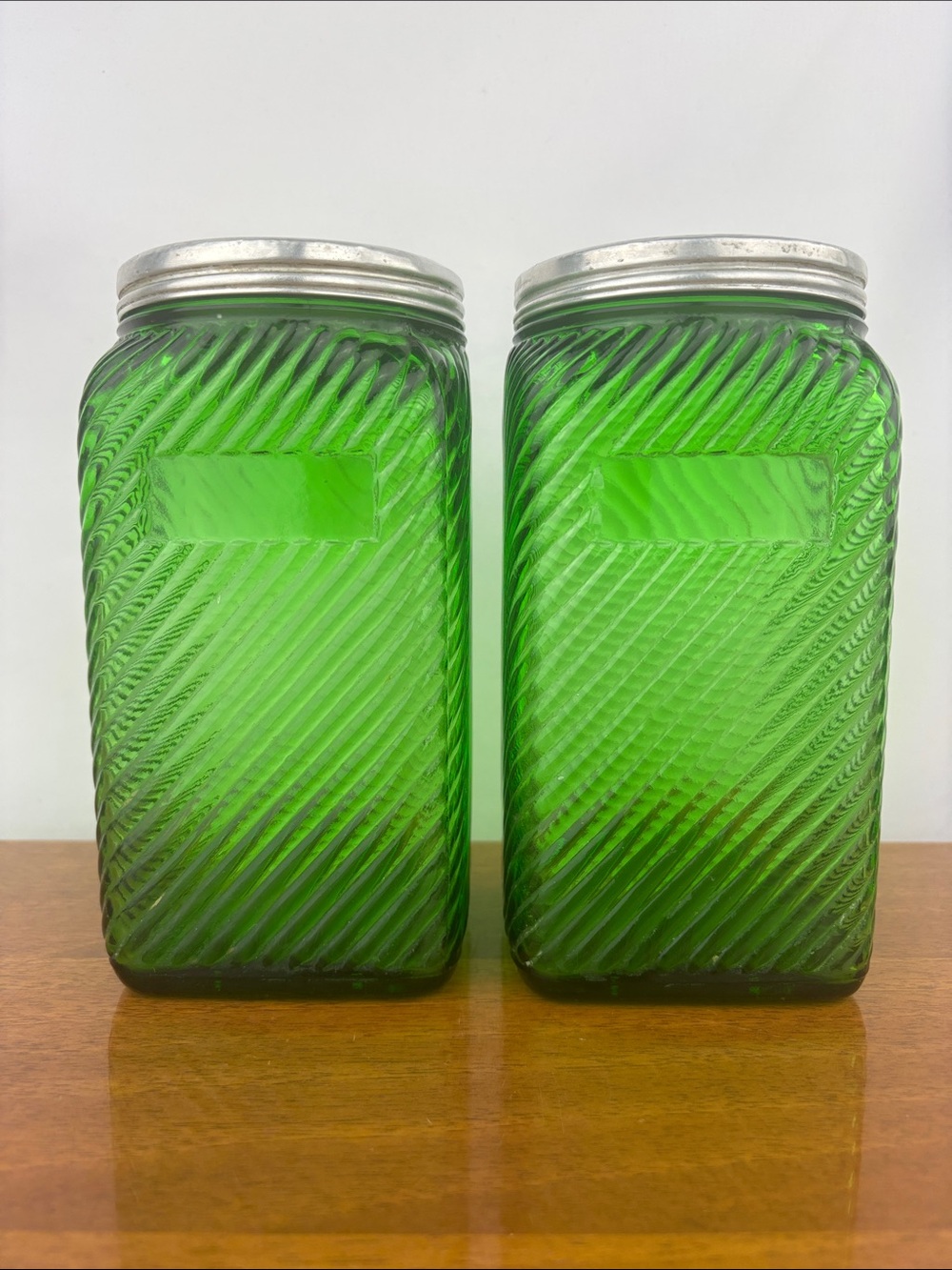 Vintage 1930s emerald green depression glass Hoosier canisters pair